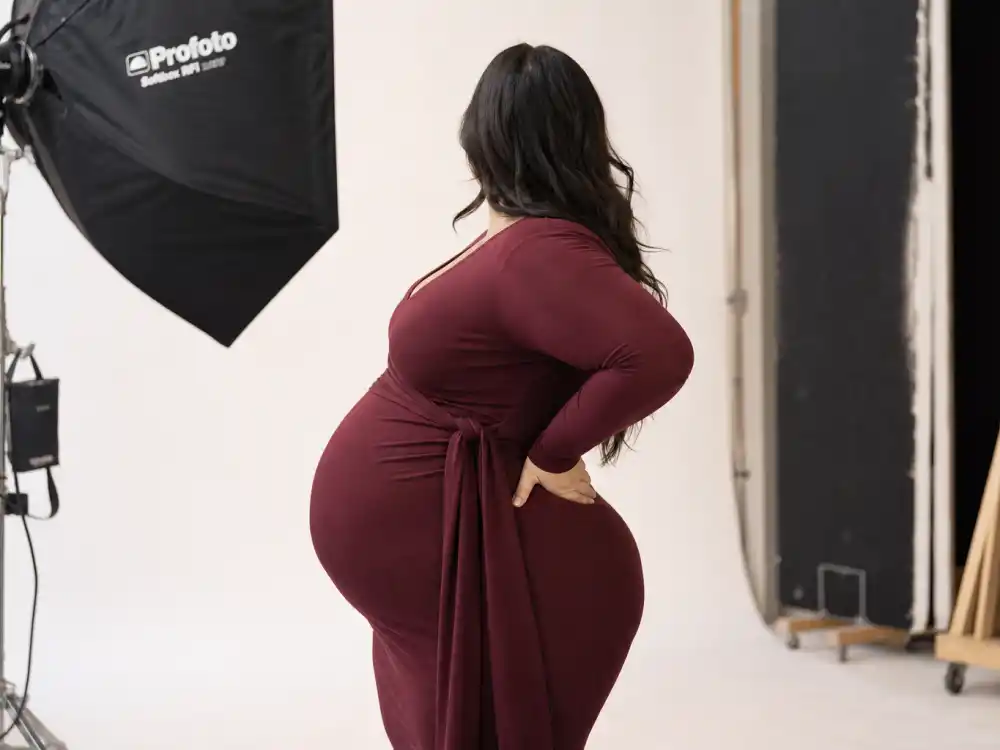 Anonymous plus-size pregnant woman in burgundy wrap dress during studio shoot illustrating Ashley Graham maternity fashion guide bodycon editorial pregnancy style