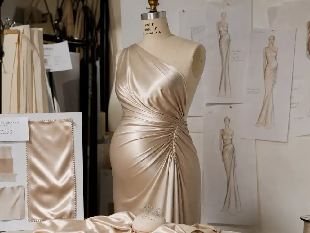 Champagne satin maternity gown on couture dress form showing Ashley Graham maternity fashion guide designer construction and bump engineering