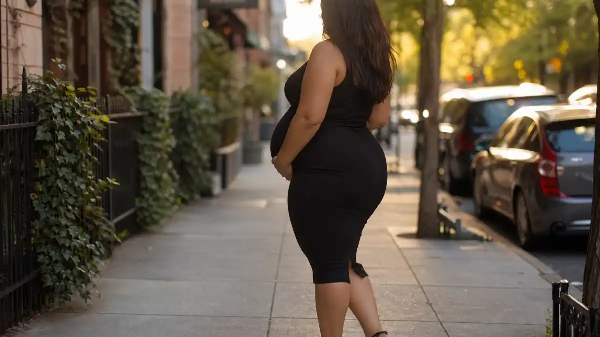 Ashley Graham maternity fashion guide — anonymous plus-size pregnant woman in black bodycon midi dress on urban sidewalk seen from behind with visible baby bump