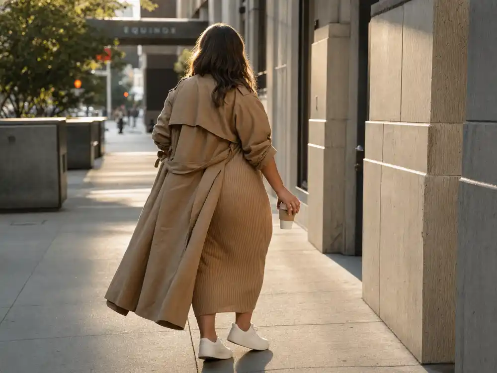 Anonymous plus-size pregnant woman in camel trench coat on NYC sidewalk for Ashley Graham maternity fashion guide off-duty pregnancy street style