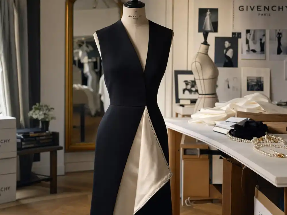 Givenchy haute couture atelier dress form displaying black sheath construction defining Audrey Hepburn little black dress Givenchy partnership and Paris craftsmanship