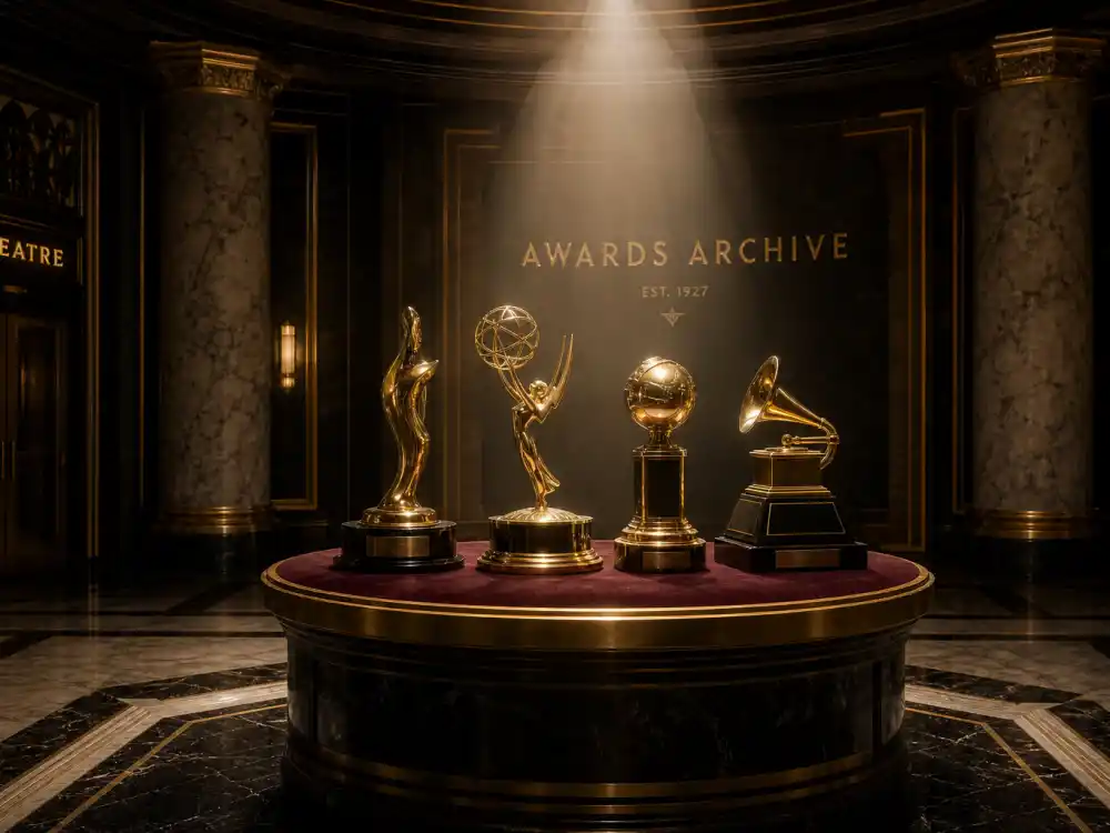 Four gold acting trophies on velvet pedestal for Katharine Hepburn record in award records that may never be broken