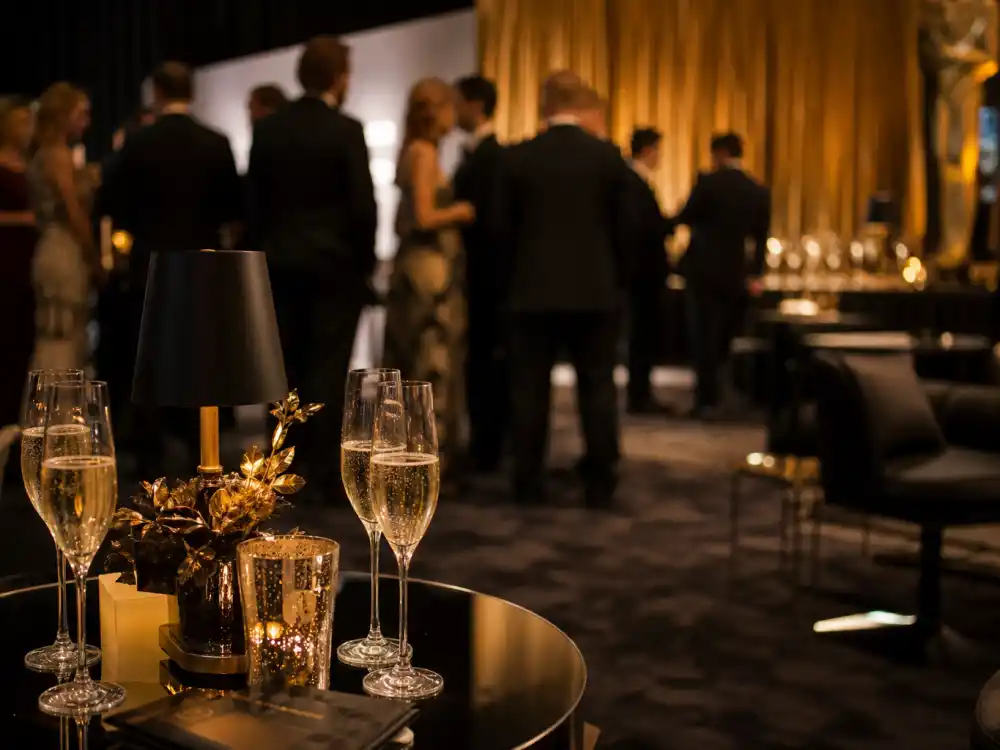 Elegant awards after-party lounge with champagne — after-party norms round out the award show etiquette rules celebrities follow once the ceremony ends