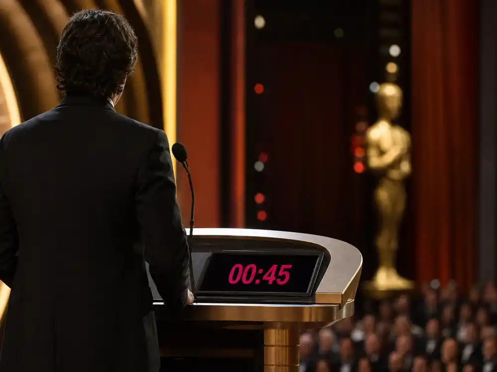 Podium with countdown timer at an awards ceremony stage — speech time limits are core award show etiquette rules celebrities follow during live Oscar telecasts