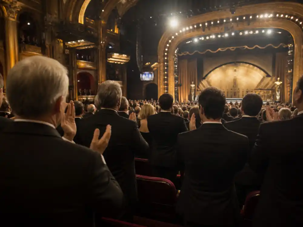 Formal audience standing and applauding in an awards theater — standing ovation etiquette is among the unwritten award show etiquette rules celebrities follow