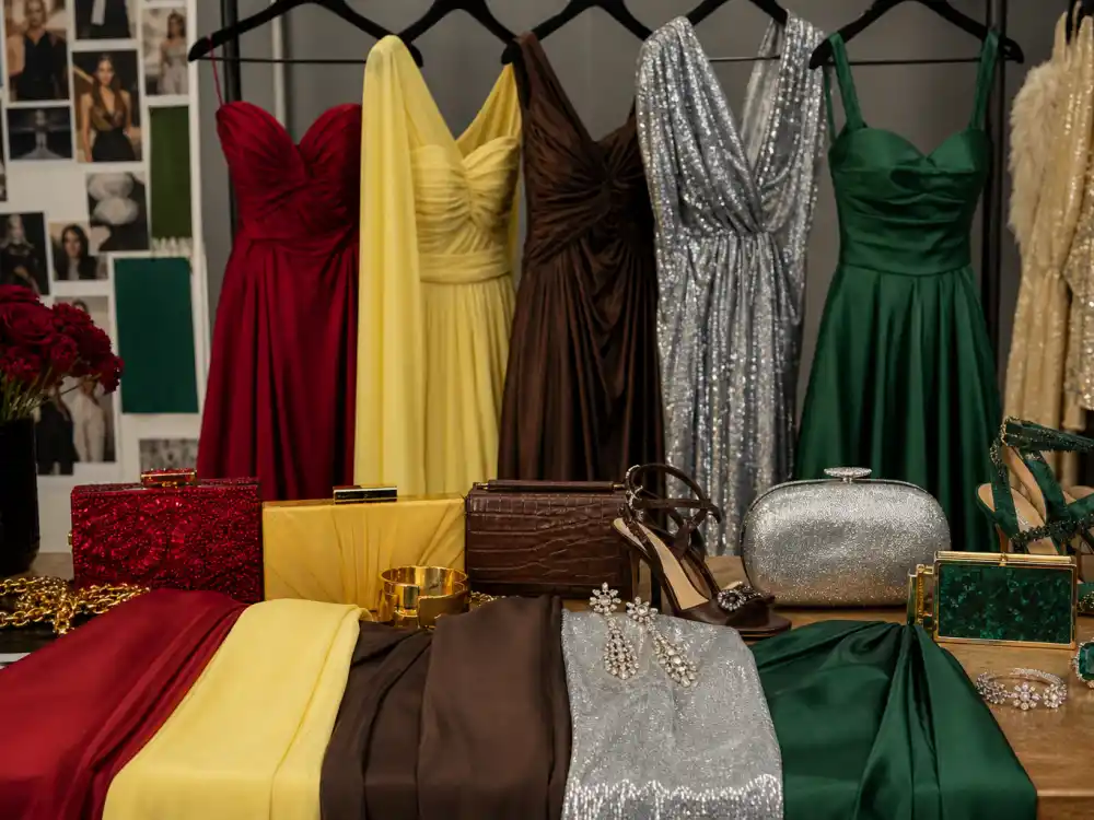 Award show fashion trends 2026 color palette swatches — cherry red, butter yellow, chocolate brown, icy silver, and emerald green formal fabrics