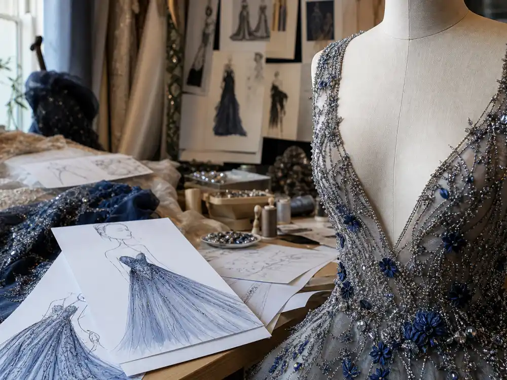 Haute couture atelier craftsmanship driving award show fashion trends 2026 — beaded gown details and designer sketches for red carpet season