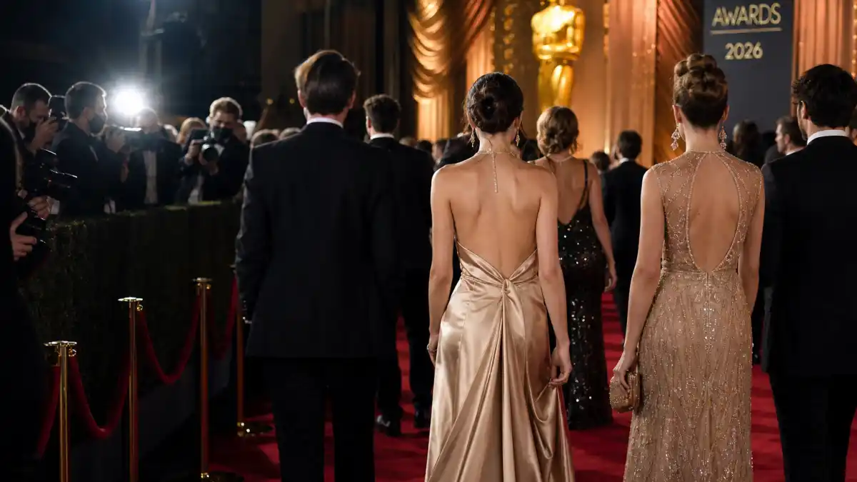 Award show fashion trends 2026 — red carpet arrivals in champagne gold and jewel-tone gowns under Oscars-style golden statuette backdrop