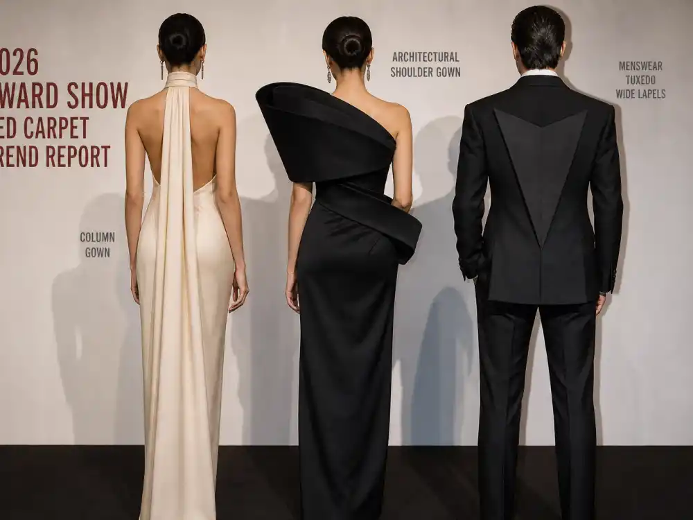 Award show fashion trends 2026 silhouette report — column gowns, architectural shoulders, and wide-lapel tuxedo menswear on styling mannequins