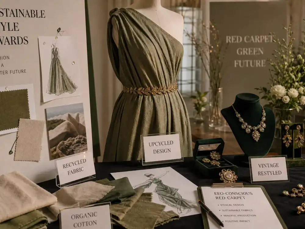 Sustainable award show fashion trends 2026 — recycled fabrics, vintage jewelry restyling, and eco-conscious red carpet dressing on display