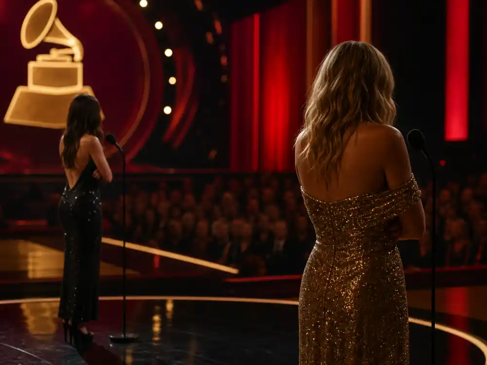 Grammy stage with rival pop star silhouettes at separate microphones during live telecast — Grammy night fuel for award show feuds between celebrities across decades