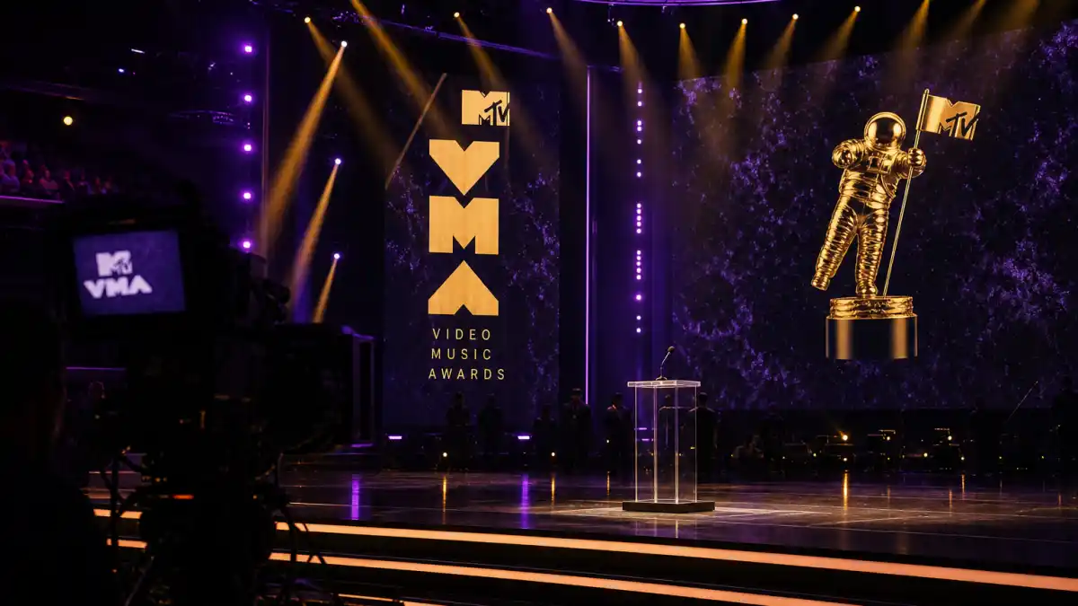 Award show feuds between celebrities — MTV Video Music Awards stage with Moon Person trophy, purple spotlights, and tense live-telecast atmosphere