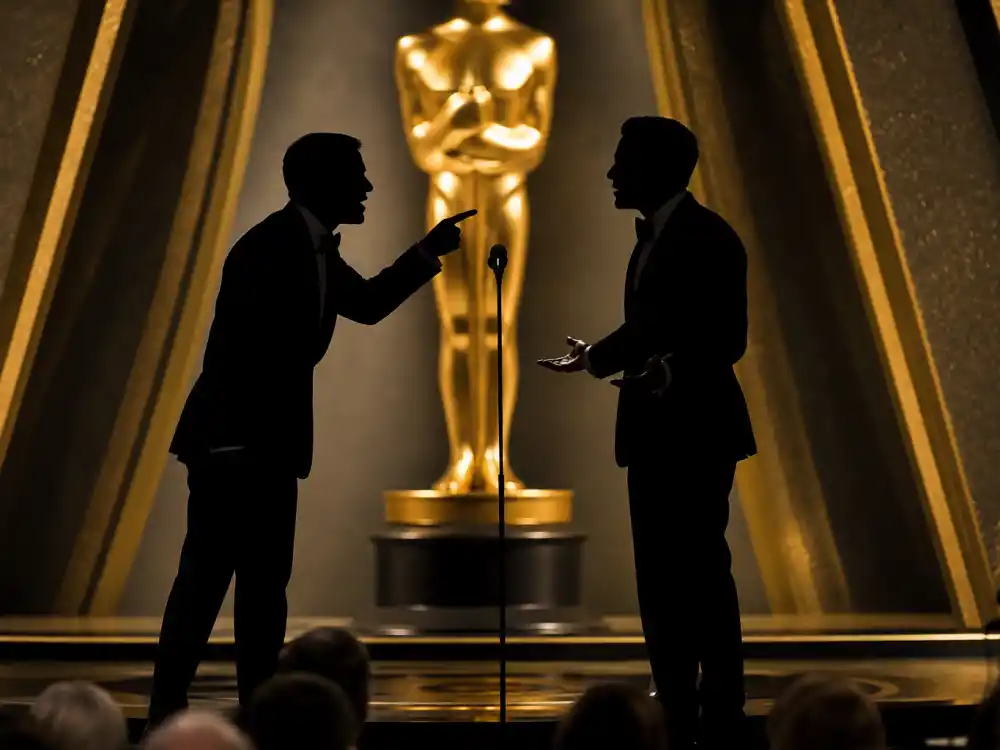 Oscar theatre stage with tuxedo silhouettes in tense standoff near podium microphone — award show feuds between celebrities often erupt under global Academy Awards spotlights