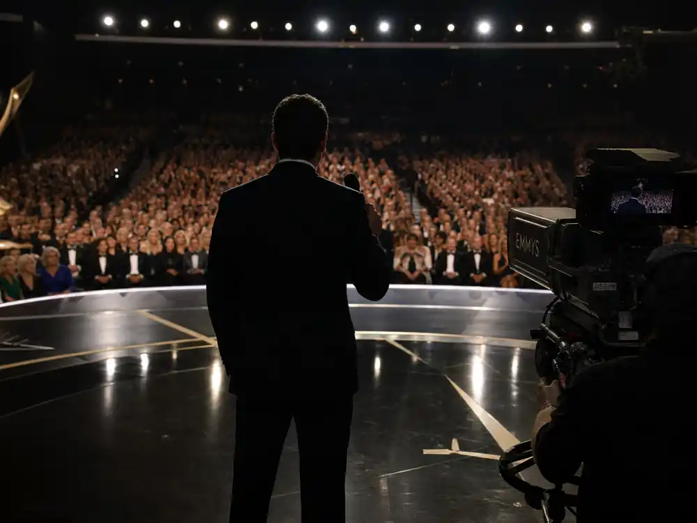 Anonymous host silhouette from behind delivering one of the best award show opening monologues ever on a live television awards stage with broadcast cameras rolling