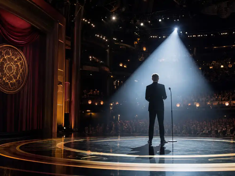 A host hand grips the podium microphone under a spotlight — a defining image for the best award show hosts of all time commanding a live awards stage