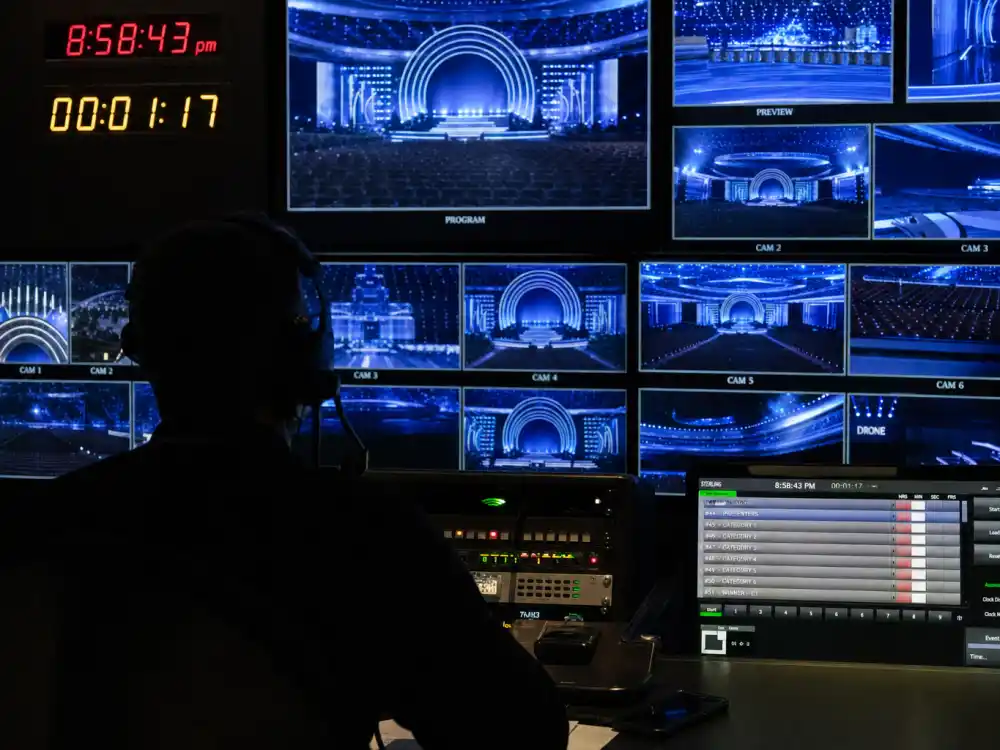 Live television broadcast control room monitoring awards feeds shows how networks manage award show wardrobe malfunctions live TV in real time