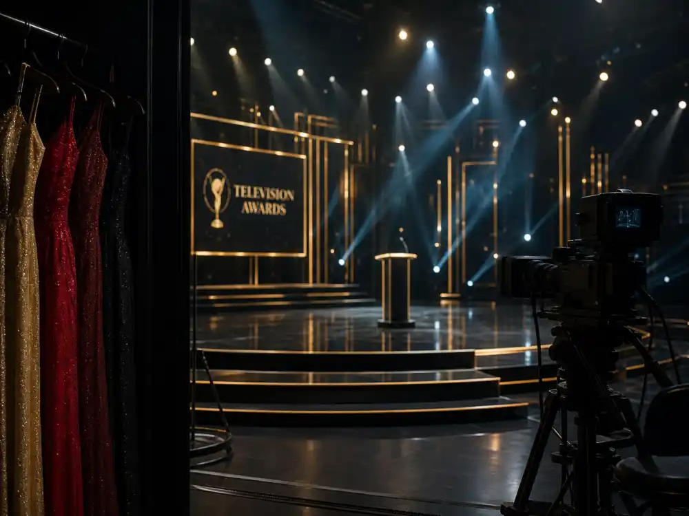 Empty Emmy Awards stage with formal dress in wings shows award show wardrobe malfunctions live TV hazards on Primetime Emmy telecasts