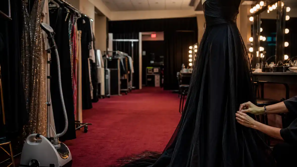 Award show wardrobe malfunctions live TV — backstage dressing room with stylist hands adjusting formal gown on dress form before red carpet broadcast