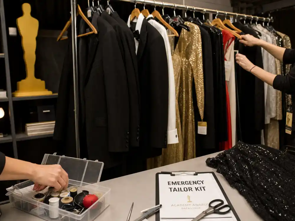 Academy Awards backstage quick-change rack with tailor kit represents Oscar-night award show wardrobe malfunctions live TV prevention teams