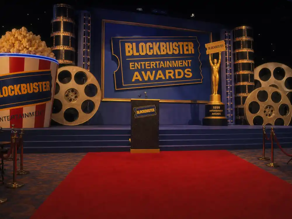 Blockbuster Entertainment Awards stage with film reel props captures 1990s retail-era ceremonies now counted among award shows that no longer exist since 2001