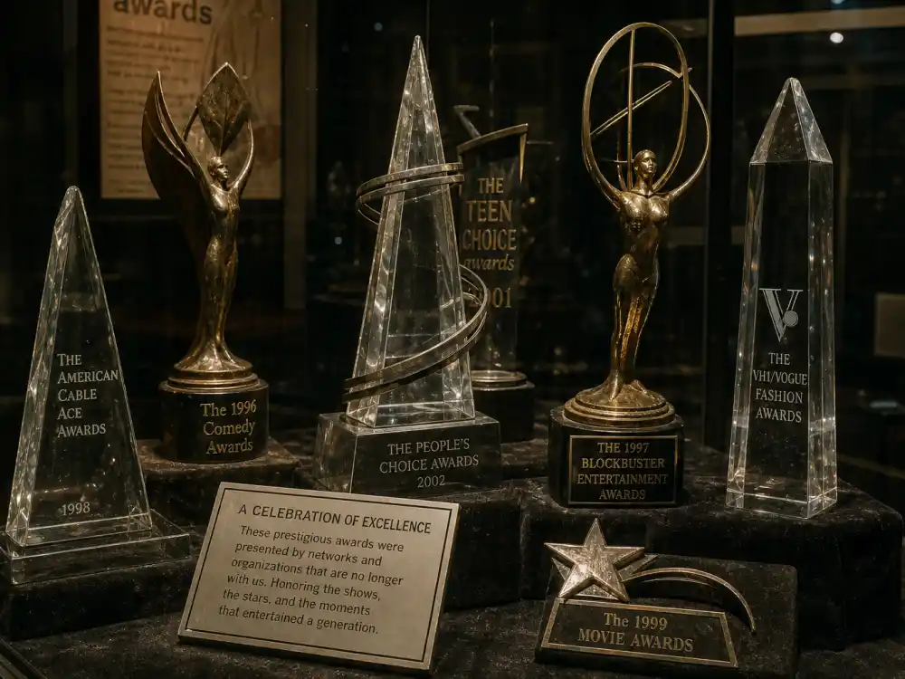 Museum display of tarnished trophies from cancelled telecasts preserves physical proof of award shows that no longer exist on broadcast schedules today