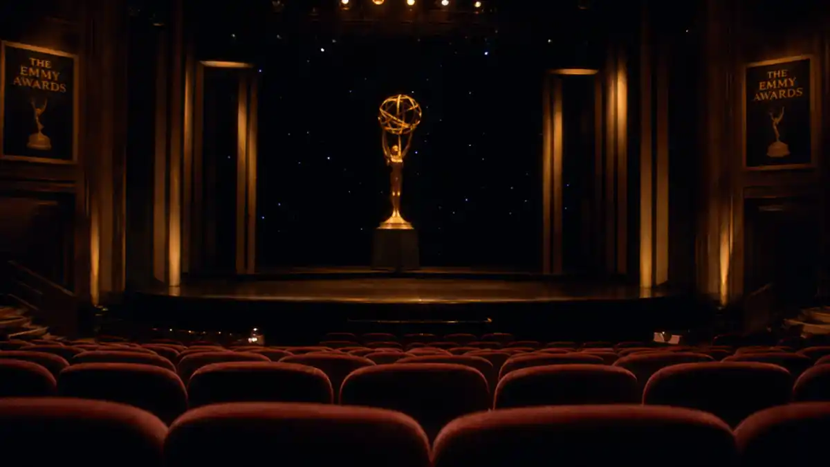 Award shows that no longer exist — empty vintage auditorium facing a golden trophy on a dark stage with warm tungsten lighting