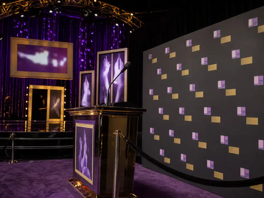 Empty Vibe Awards hip-hop stage with purple lighting represents music telecasts among award shows that no longer exist after the 2007 ceremony violence controversy