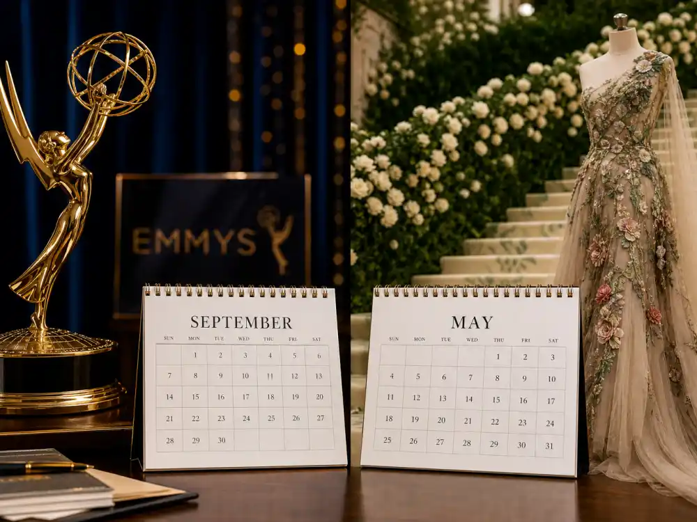 Emmy winged television trophy and Met Gala floral staircase for awards season 2027 calendar all dates May and September ceremony blocks