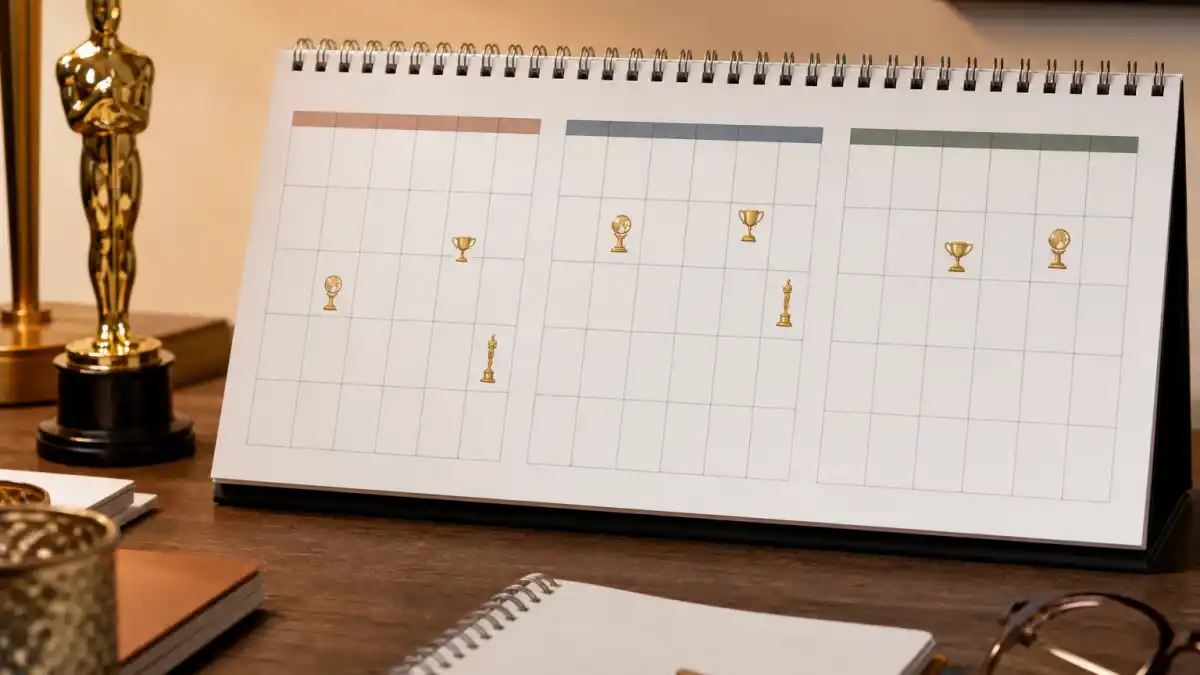 Awards season 2027 calendar all dates — desk calendar with golden trophy icons marking Golden Globes Grammys SAG Oscars and Emmy ceremony months