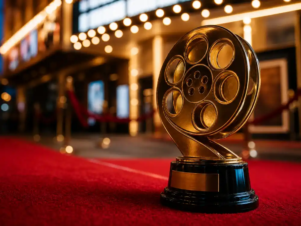 Golden film award trophy on red carpet for awards season 2027 calendar all dates Oscar Sunday finale in March planning grid