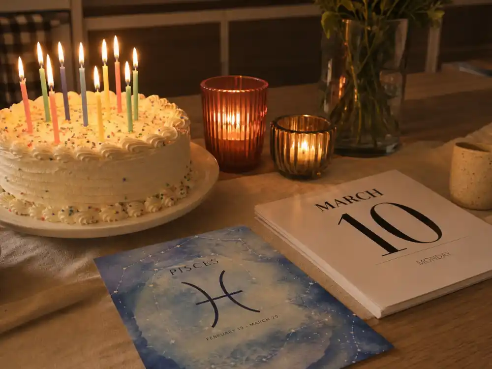 March 10 birthday cake and calendar marking Bad Bunny age and birthday 2026 each year when fans celebrate his Pisces birth date