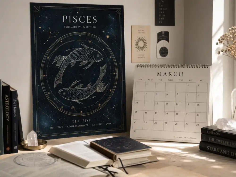 Pisces zodiac chart beside March calendar for Bad Bunny age and birthday 2026 — March 10 birth date places him under Pisces in Western astrology