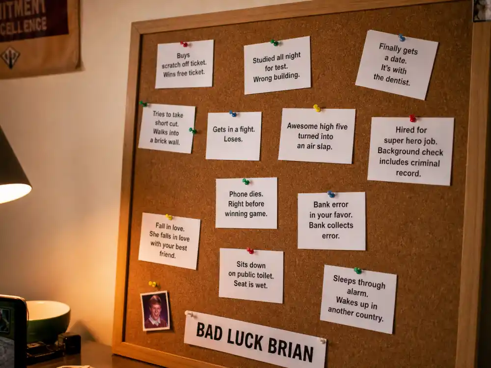 Dorm room meme caption bulletin board for the Bad Luck Brian viral caption format and unlucky scenarios