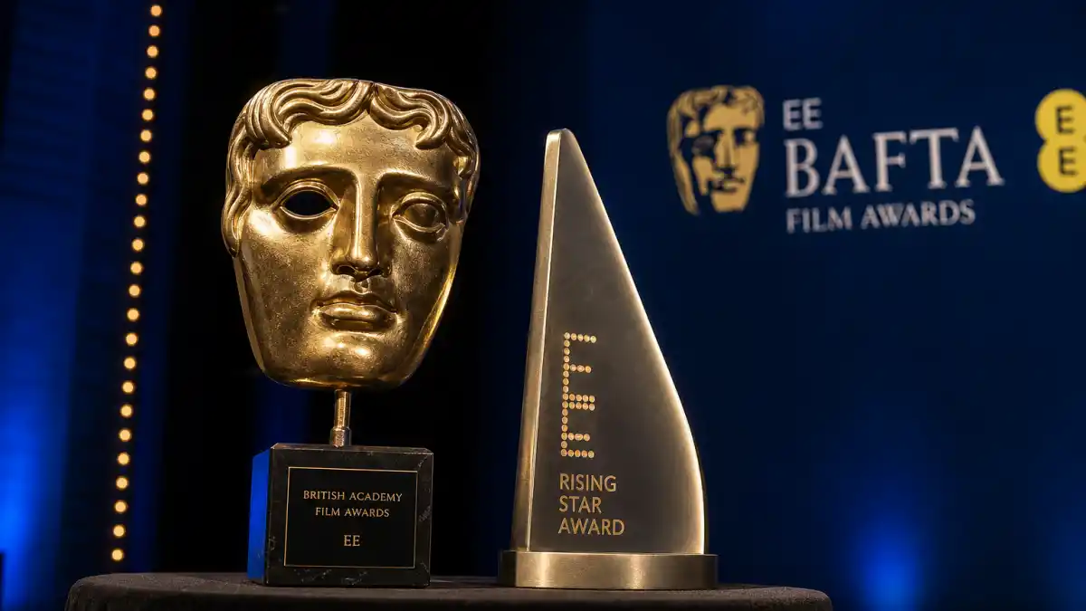 BAFTA Rising Star Award winners list — golden BAFTA mask and EE Rising Star trophy on Royal Festival Hall ceremony stage
