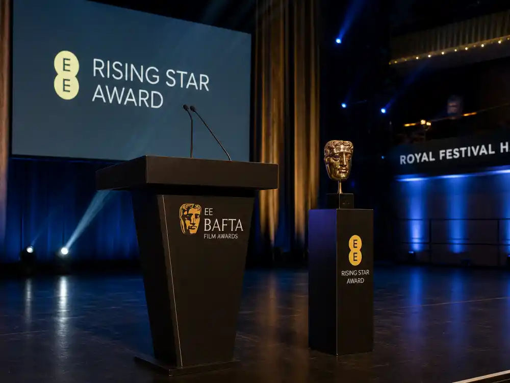 Empty EE Rising Star Award podium at Royal Festival Hall where each new name joins the BAFTA Rising Star Award winners list on live BBC telecasts
