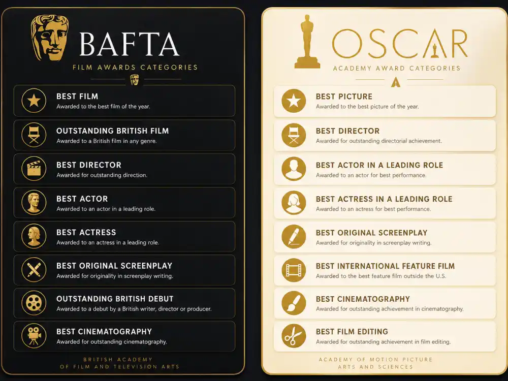 Award category nomination cards for BAFTA vs Oscar difference explained — British film fields and Academy category maps compared side by side