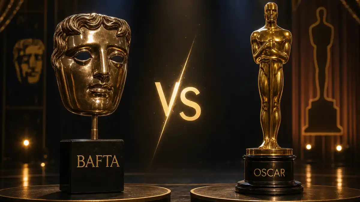 BAFTA vs Oscar difference explained — bronze BAFTA mask trophy and gold Oscar statuette on a dramatic awards ceremony stage