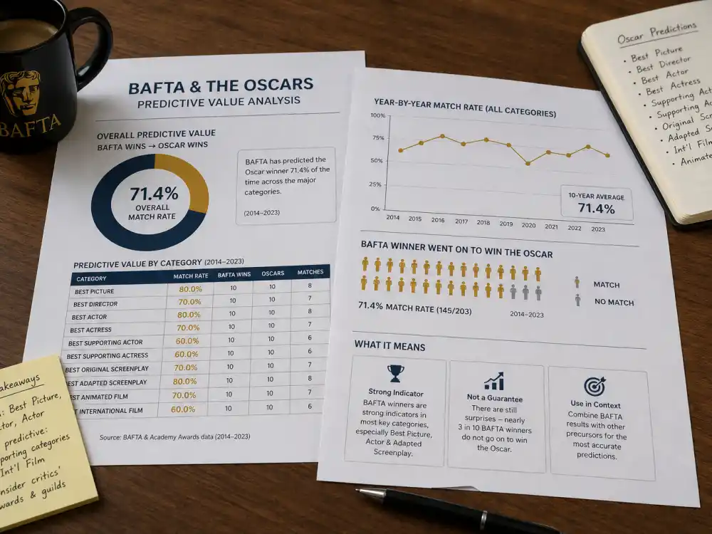 Oscar prediction analytics desk for BAFTA vs Oscar difference explained — precursor match rates and handicapping charts on awards war room wall