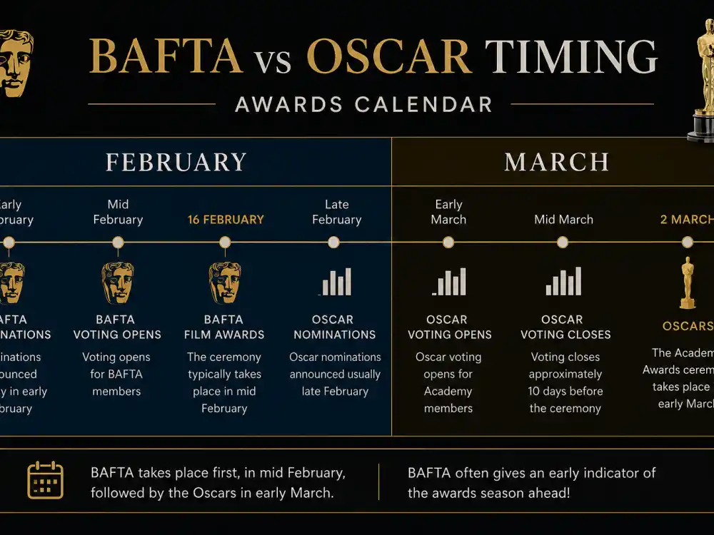 Awards season calendar for BAFTA vs Oscar difference explained — February BAFTA ceremony and March Academy Awards months marked on planner