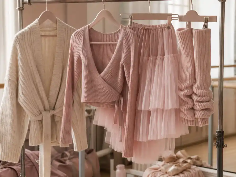 Soft pink layered balletcore wardrobe on clothing rack with tulle skirt wrap top and cream cardigan illustrating balletcore celebrity fashion trend dressing room codes