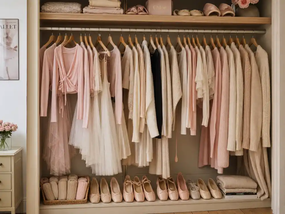Open closet with ballet flats leg warmers tulle skirts and ribbed wrap tops on hangers mapping balletcore celebrity fashion trend capsule wardrobe essentials