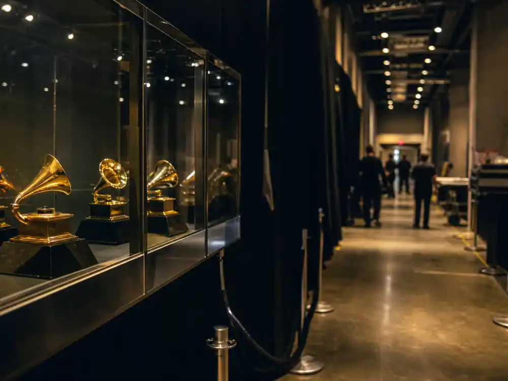 Backstage awards corridor with trophy displays reflects the competitive climb among bands with the most Grammys