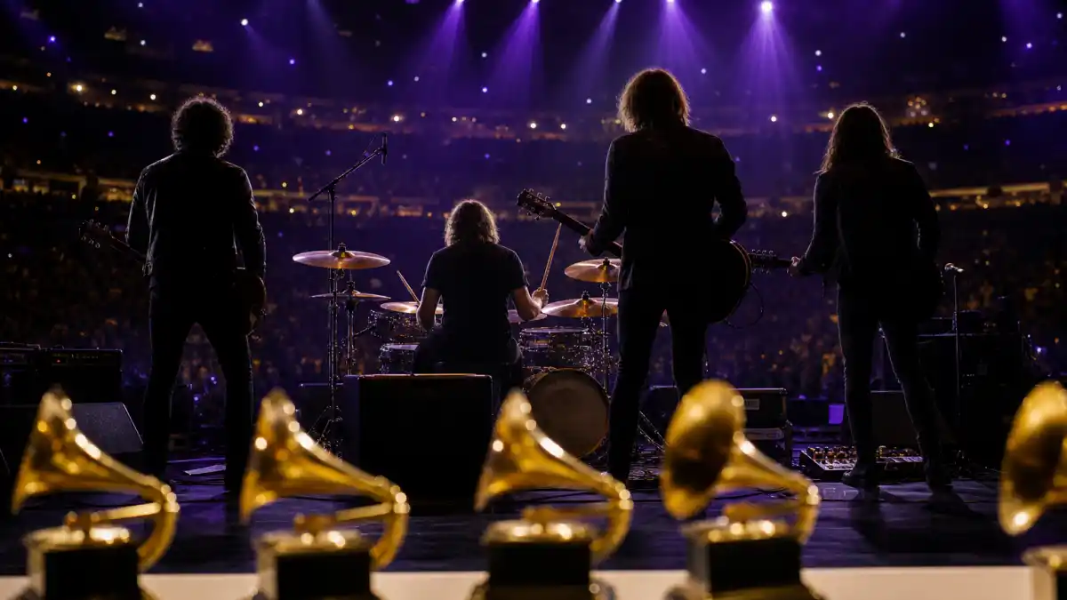 Bands with the most Grammys — rock band silhouettes from behind on a dark arena stage with generic golden gramophone trophies in the foreground