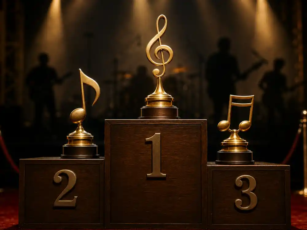 Podium leaderboard with generic golden music trophies tracks bands with the most Grammys on a dark awards ceremony stage