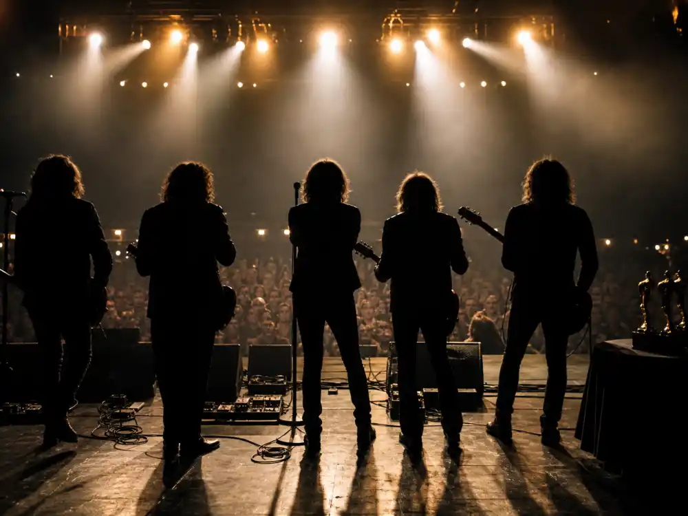 Rock band silhouettes from behind on a lit concert stage illustrate career wins for bands with the most Grammys
