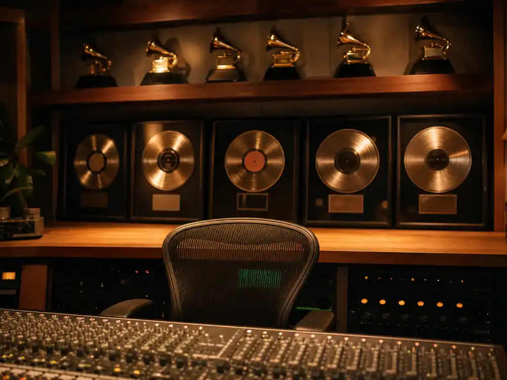 Recording studio trophy shelf displays all-time Grammy totals for bands with the most Grammys across rock and pop history