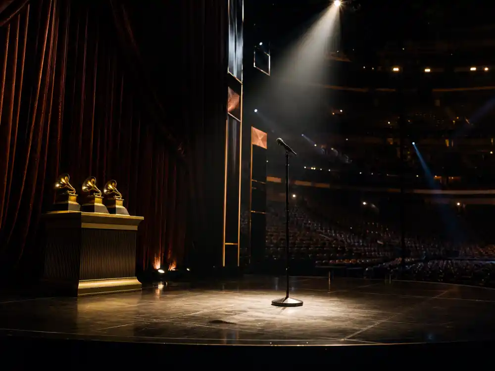 Empty awards arena stage with spotlights evokes February nights that crown bands with the most Grammys each year