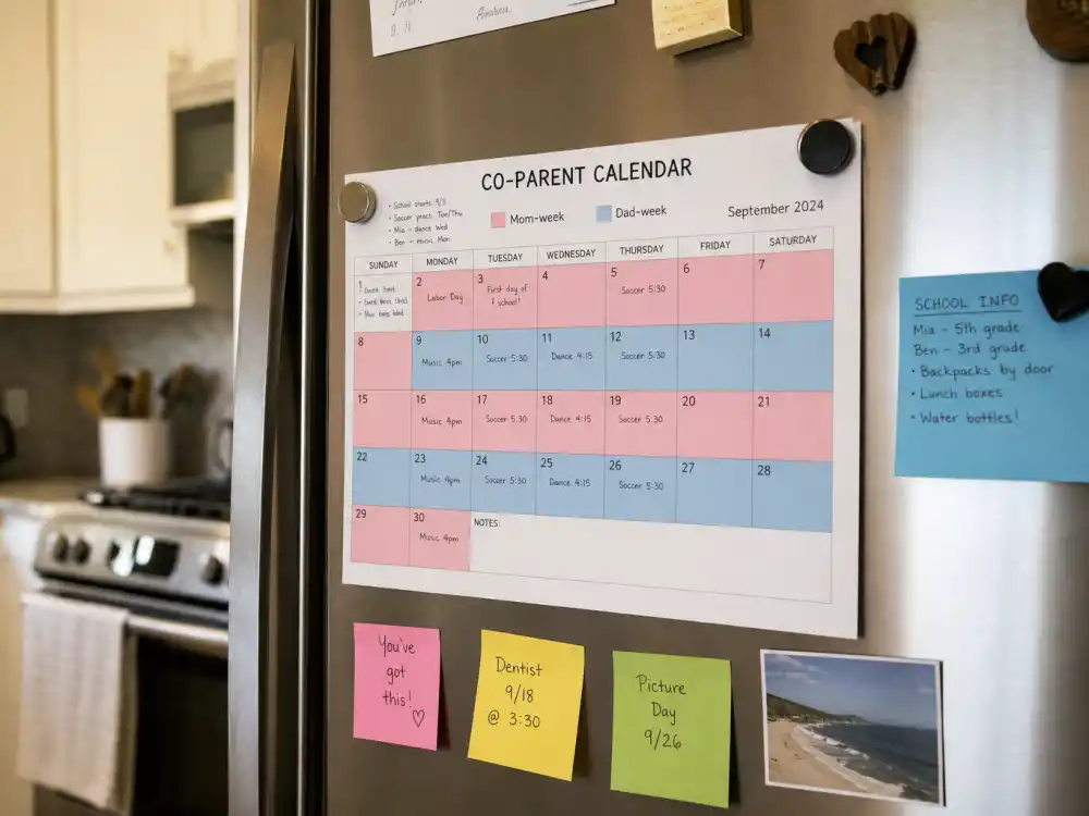 Co-parent calendar on fridge for Ben Affleck Jennifer Garner co-parenting style shared custody planning editorial without identifiable faces