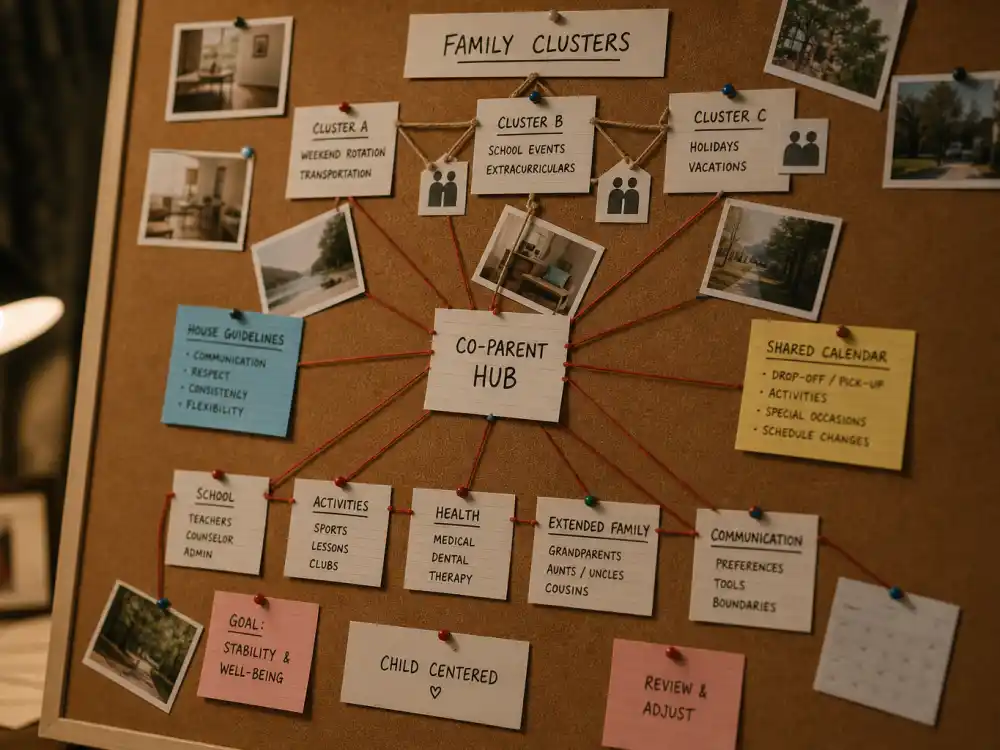 Cluster navigation cork board for Ben Affleck Jennifer Garner co-parenting style cross-link to co-parent hub 27314 how-to 27338