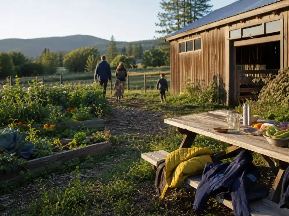 Farm weekend barn scene for Ben Affleck Jennifer Garner co-parenting style rustic family rhythm editorial without identifiable faces